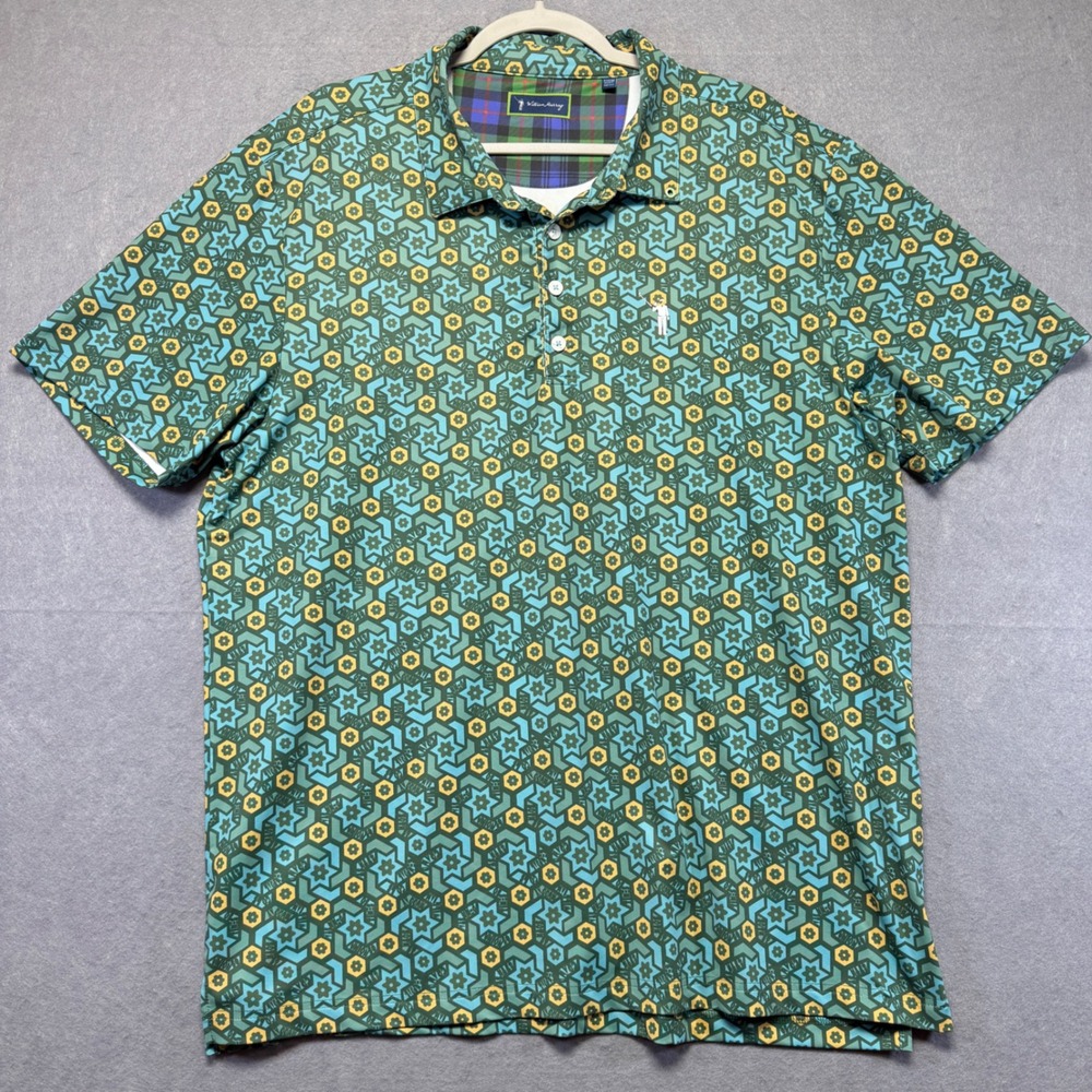 William Murray Mens XL Golf‎ Polo Shirt Teal Blue Geometric Floral Performance